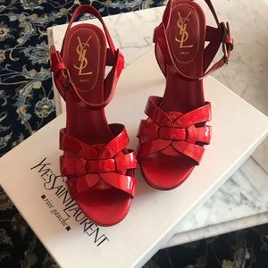 ‘YSL’ iconic red patten leather tribute sandal